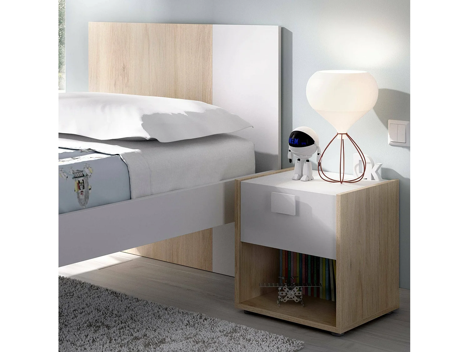 Table de chevet Catinaccio, Table de nuit, Commode basse avec 1 tiroir, 40x33h42 cm, Blanc et Chêne