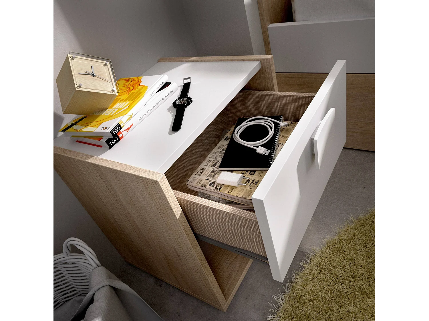 Table de chevet Catinaccio, Table de nuit, Commode basse avec 1 tiroir, 40x33h42 cm, Blanc et Chêne