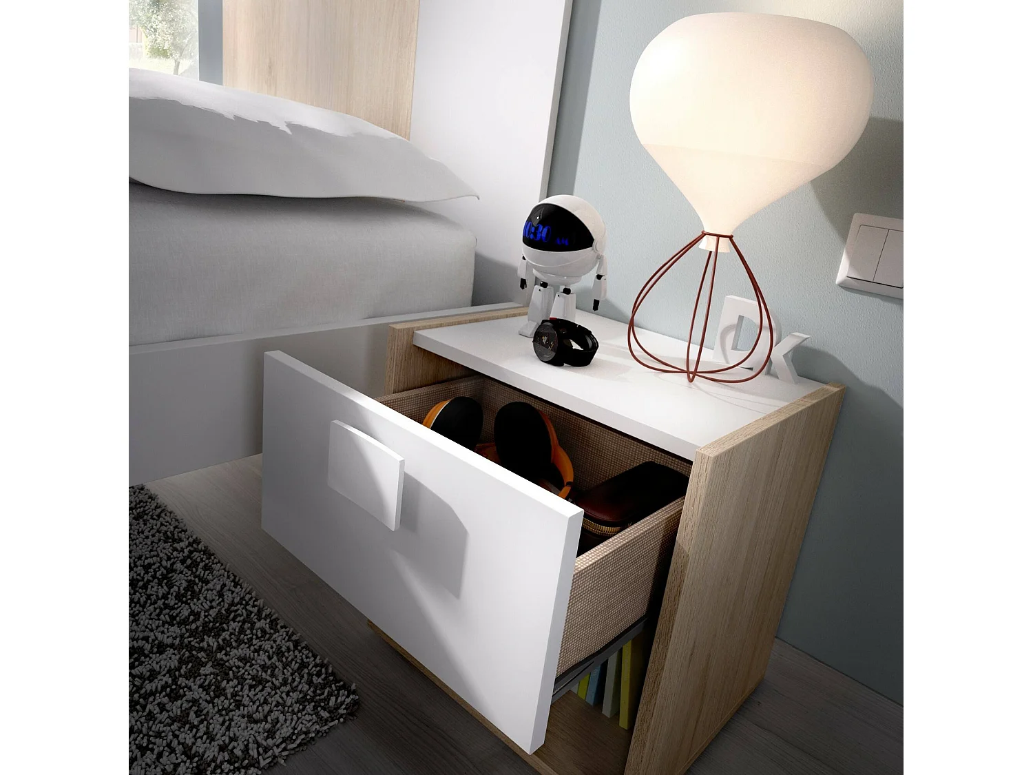 Nachttisch Catinaccio, Nachttisch, niedrige Kommode mit 1 Schublade, 40x33h42 cm, WeiÃŸ und Eiche