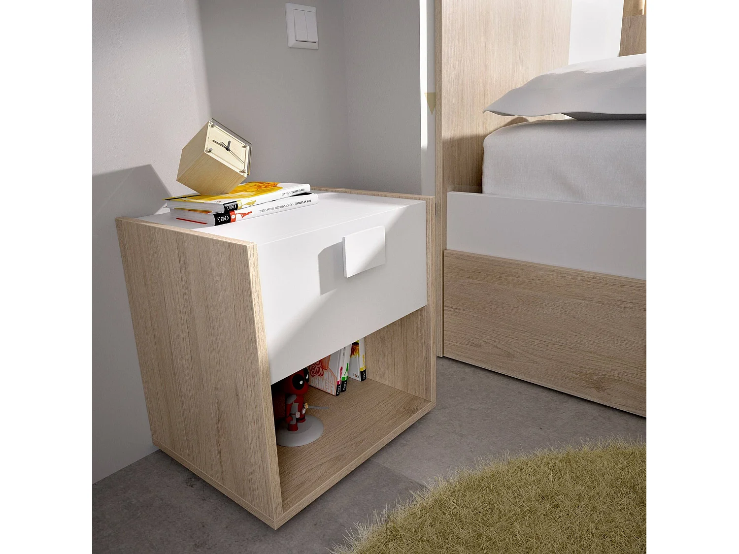 Nachttisch Catinaccio, Nachttisch, niedrige Kommode mit 1 Schublade, 40x33h42 cm, WeiÃŸ und Eiche