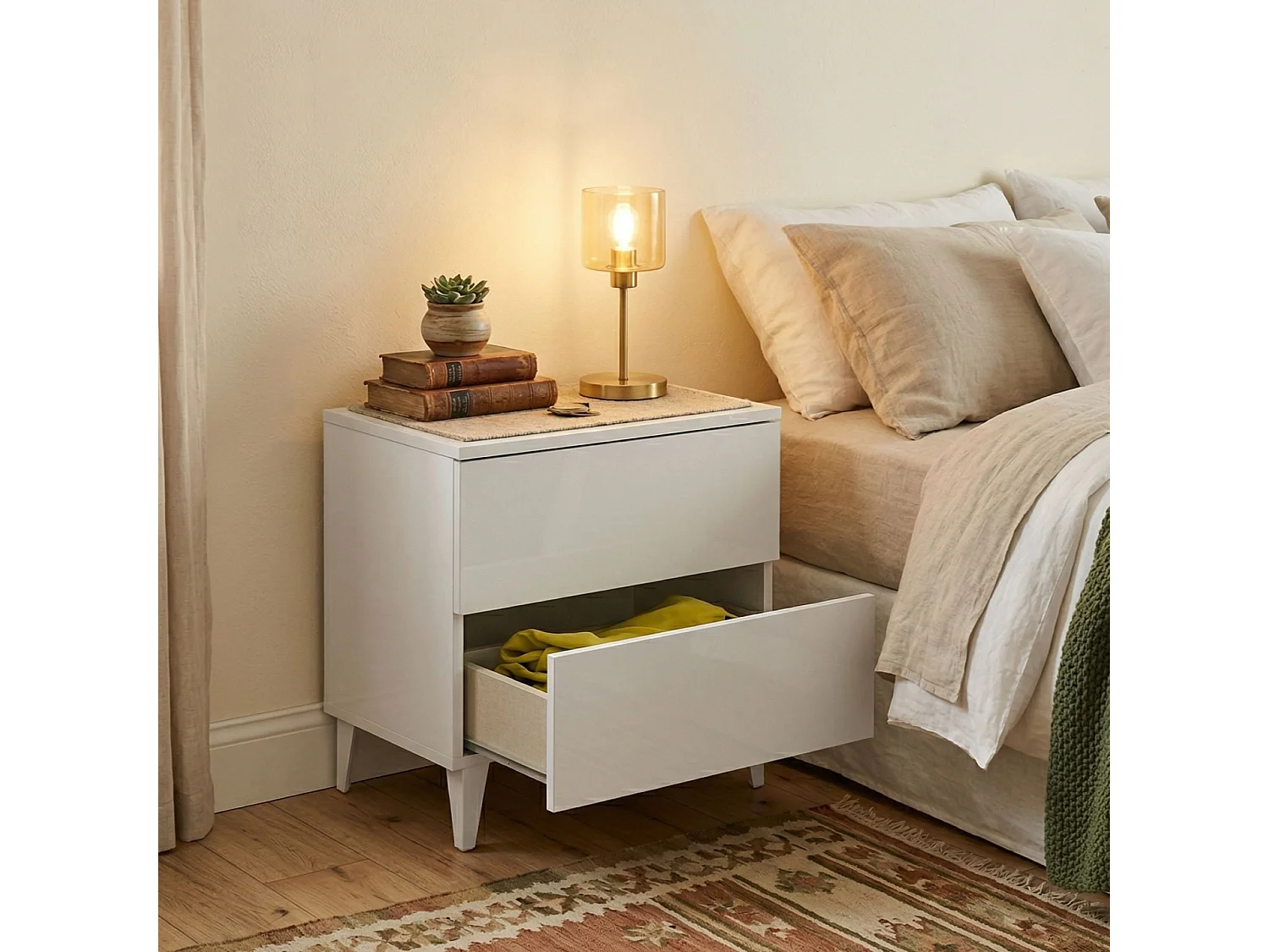 Table de chevet Dkosti, Table de chevet 2 tiroirs, Table de nuit, Commode basse pour chambre, 50x34h49 cm, Blanc brillant