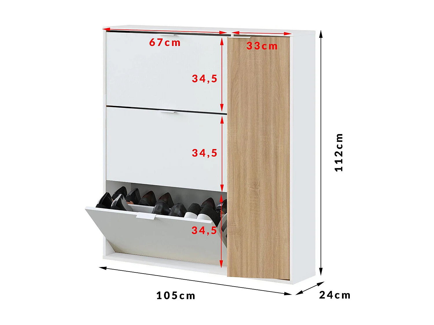 Scarpiera Valparaiso, Portascarpe salvaspazio a 4 ante, Scarpiera da ingresso , Armadio scarpiera, 105x24h112 cm, Rovere e Bianco lucido