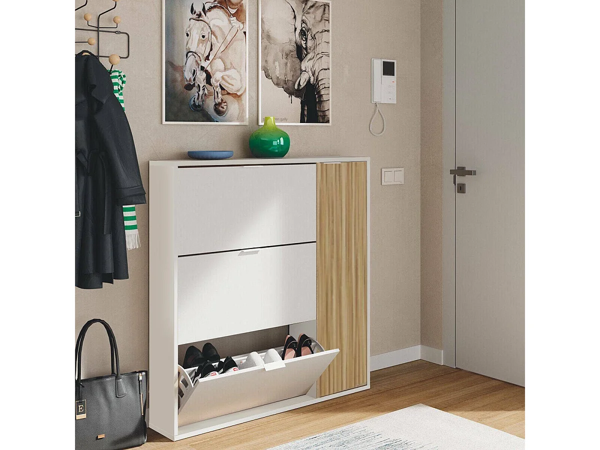 Sapateira Valparaiso, Sapateira economizadora de espaço com 4 portas, Sapateira de entrada, Armário sapateira, 105x24h112 cm, Carvalho e Branco Brilhante