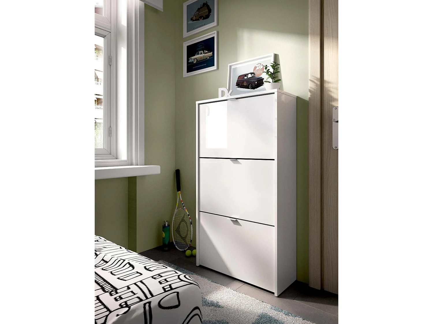 Vignole schoenenrek, ruimtebesparend entree schoenenrek, schoenenkast met 3 vouwdeuren, 61x25h113 cm, Wit