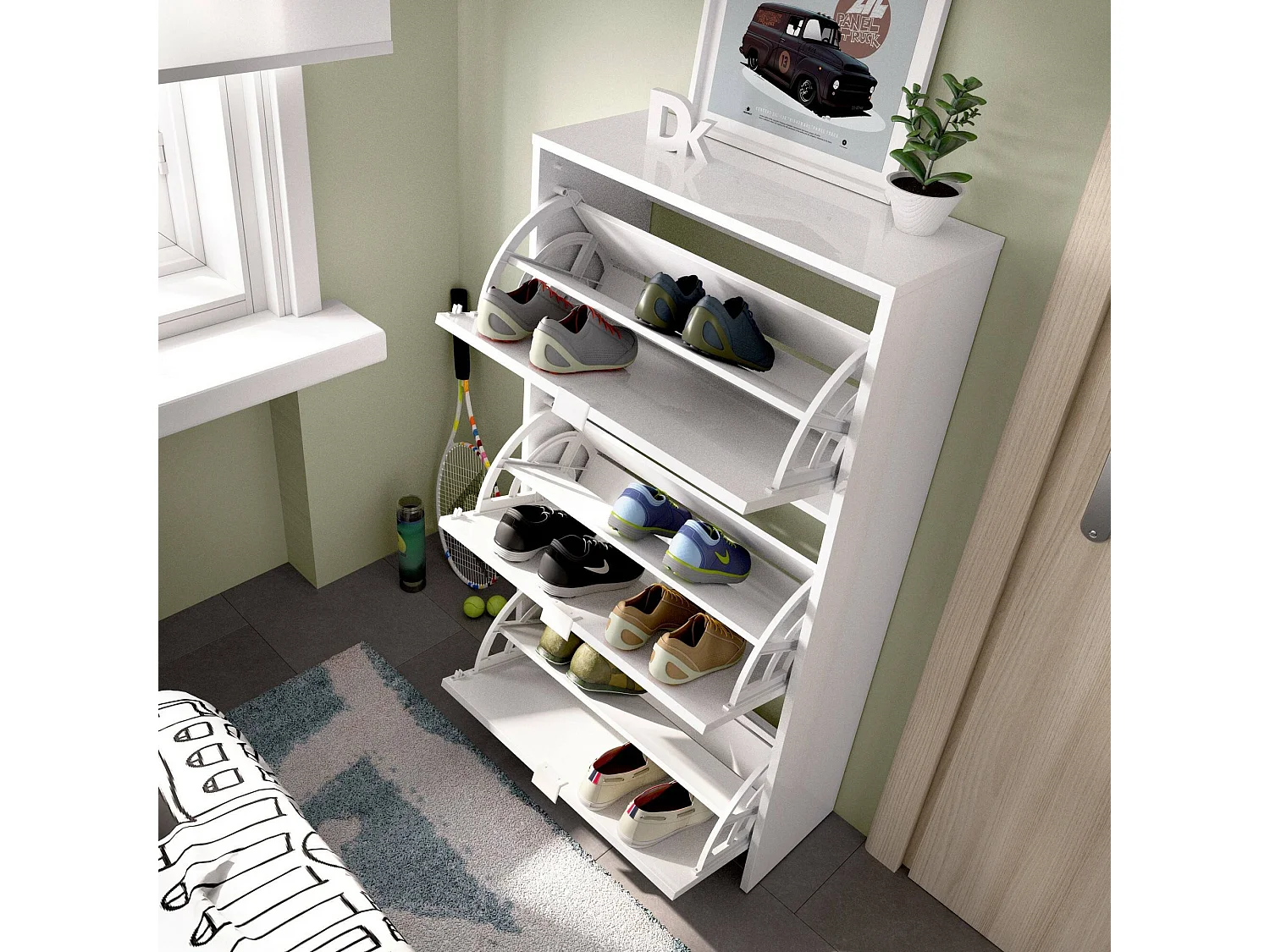 Vignole étagère à chaussures, étagère à chaussures d'entrée peu encombrante, meuble à chaussures avec 3 portes pliantes, 61x25h113 cm, Blanc