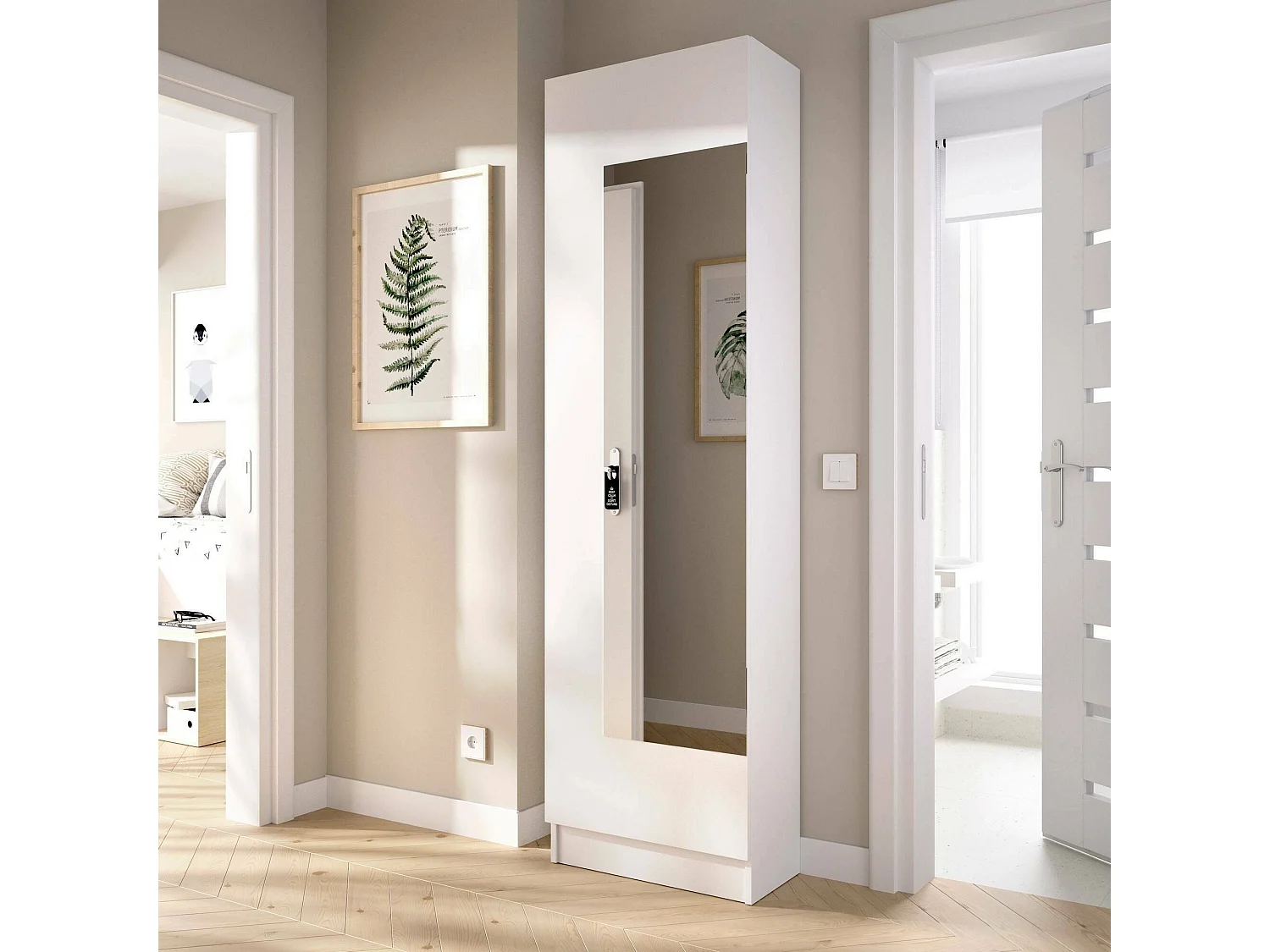 Zapatero Zevola, Zapatero para entrada que ahorra espacio, Zapatero con 1 puerta de espejo, 50x27h186 cm, Blanco