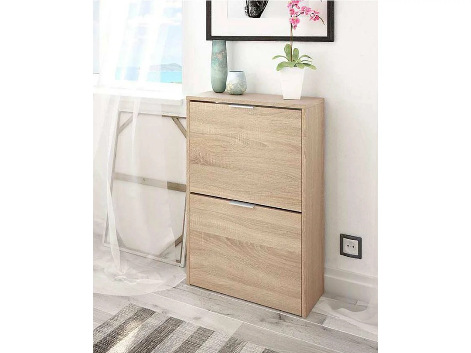 Étagère à chaussures Valdosta, Étagère à chaussures peu encombrante avec 2 portes, Étagère à chaussures d'entrée, Armoire à chaussures, 50x22h76 cm, Chêne