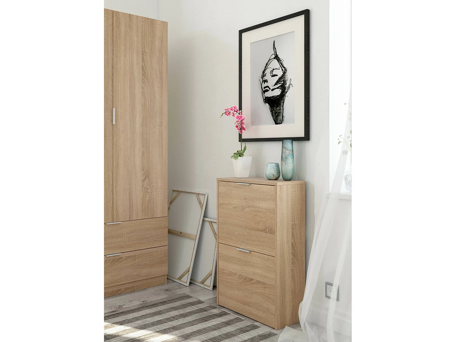 Sapateira Valdosta, Sapateira economizadora de espaço com 2 portas, Sapateira de entrada, Armário sapateira, 50x22h76 cm, Carvalho