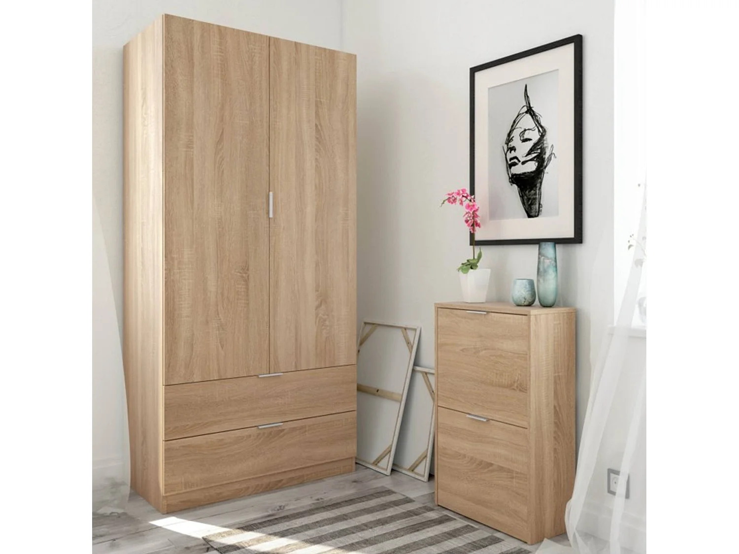 Schuhregal Valdosta, Platzsparendes Schuhregal mit 2 Türen, Schuhregal für den Eingangsbereich, Schuhregal für Garderobe, 50x22h76 cm, Eiche