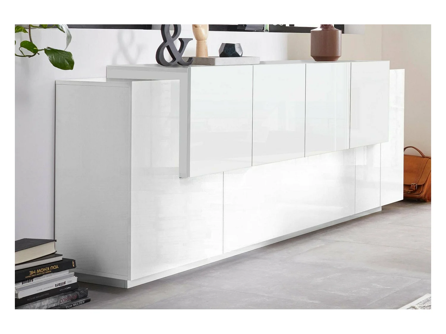 Kommode Gennaro, Küchen-Sideboard mit 7 Türen, Wohnzimmer-Buffet, Küchen-Sideboard, 100% Made in Italy, cm 200x45h86, glänzend und matt weiß
