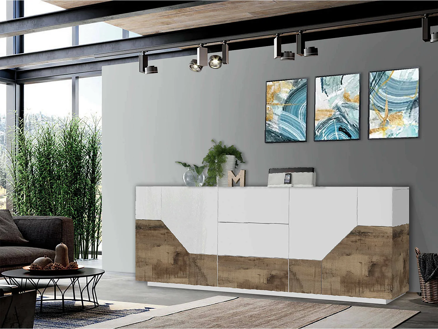 Aparador Dmazz, Aparador de cocina con 4 puertas y 3 cajones, Buffet de salón, 100% Made in Italy, cm 220x43h86, Blanco brillo y Arce