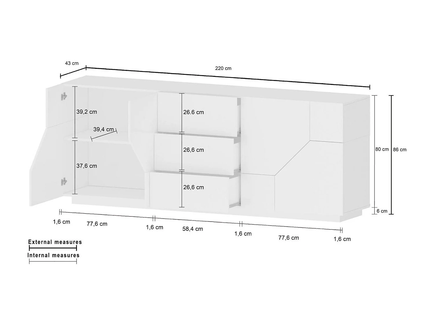 Aparador Dmazz, Aparador de cocina con 4 puertas y 3 cajones, Buffet de salón, 100% Made in Italy, cm 220x43h86, Blanco brillo y Arce
