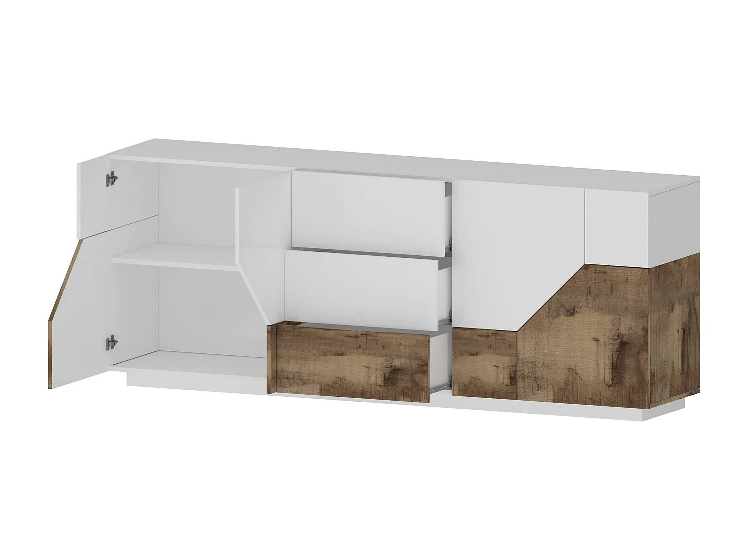 Aparador Dmazz, Aparador de cocina con 4 puertas y 3 cajones, Buffet de salón, 100% Made in Italy, cm 220x43h86, Blanco brillo y Arce