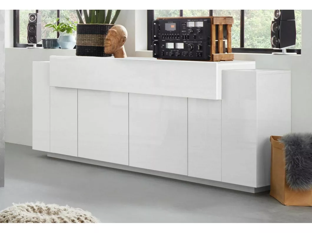 Kauf Unique Kommode Loris, Küchen-Sideboard mit 4 Türen, Wohnzimmer-Buffet, 100% Made in Italy, cm 220x45h86, glänzend und matt weiß