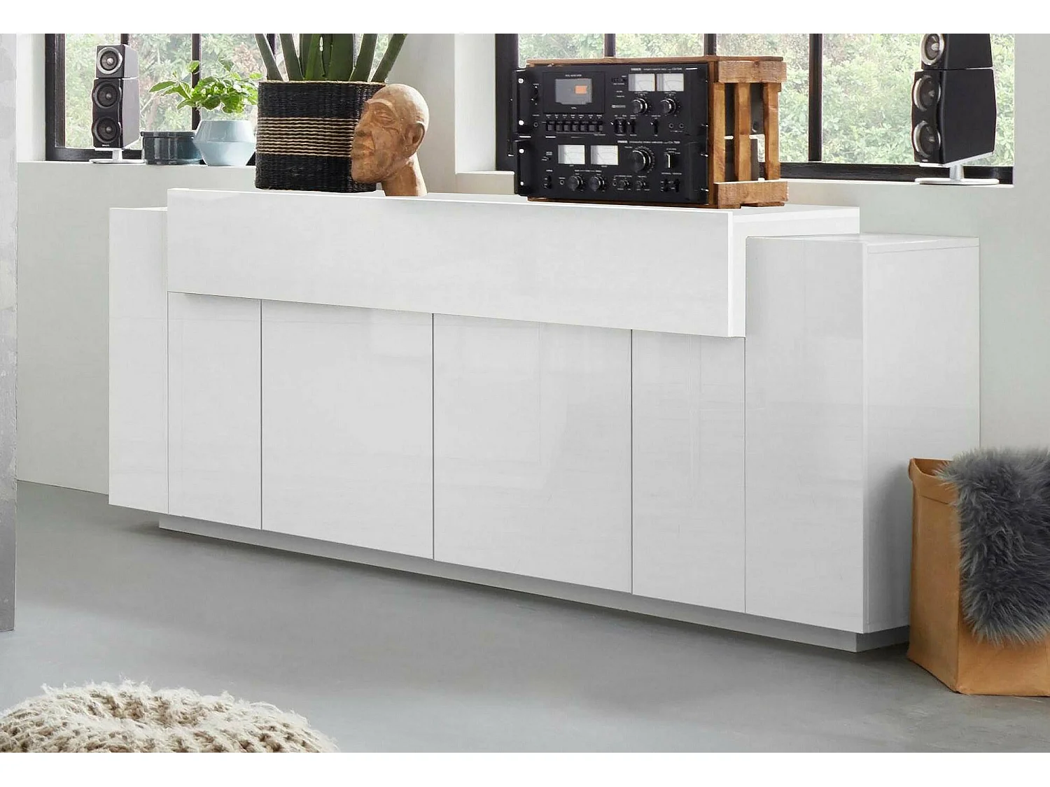 Buffet Loris, Buffet de cuisine 4 portes, Buffet de salon, 100% Made in Italy, 220x45h86 cm, Blanc brillant