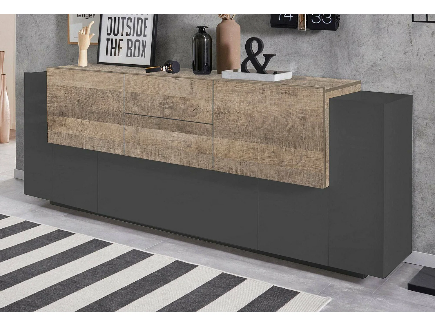 Buffet Dbaian, Buffet de cuisine avec 5 portes et 2 tiroirs, Buffet de salon, Buffet de cuisine, 100% Made in Italy, 220x45h86 cm, Anthracite et Érable