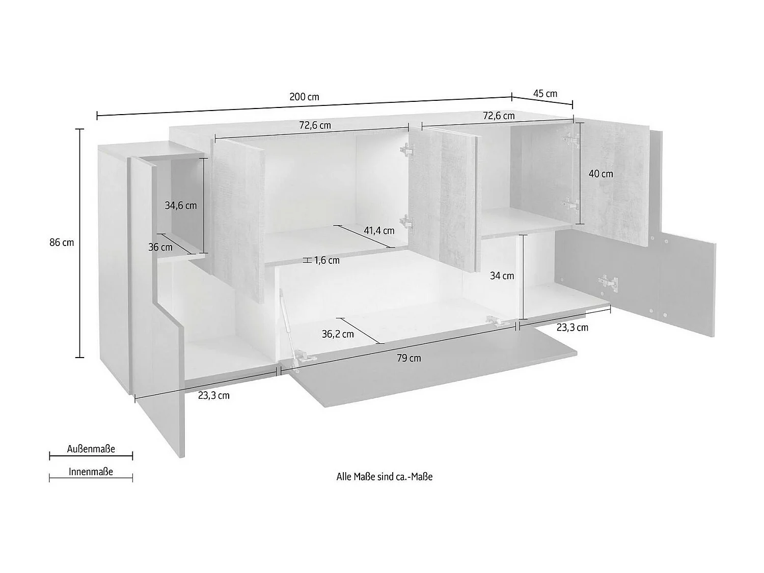 Buffet Dbaian, Buffet de cuisine avec 5 portes et 2 tiroirs, Buffet de salon, Buffet de cuisine, 100% Made in Italy, 220x45h86 cm, Anthracite et Érable