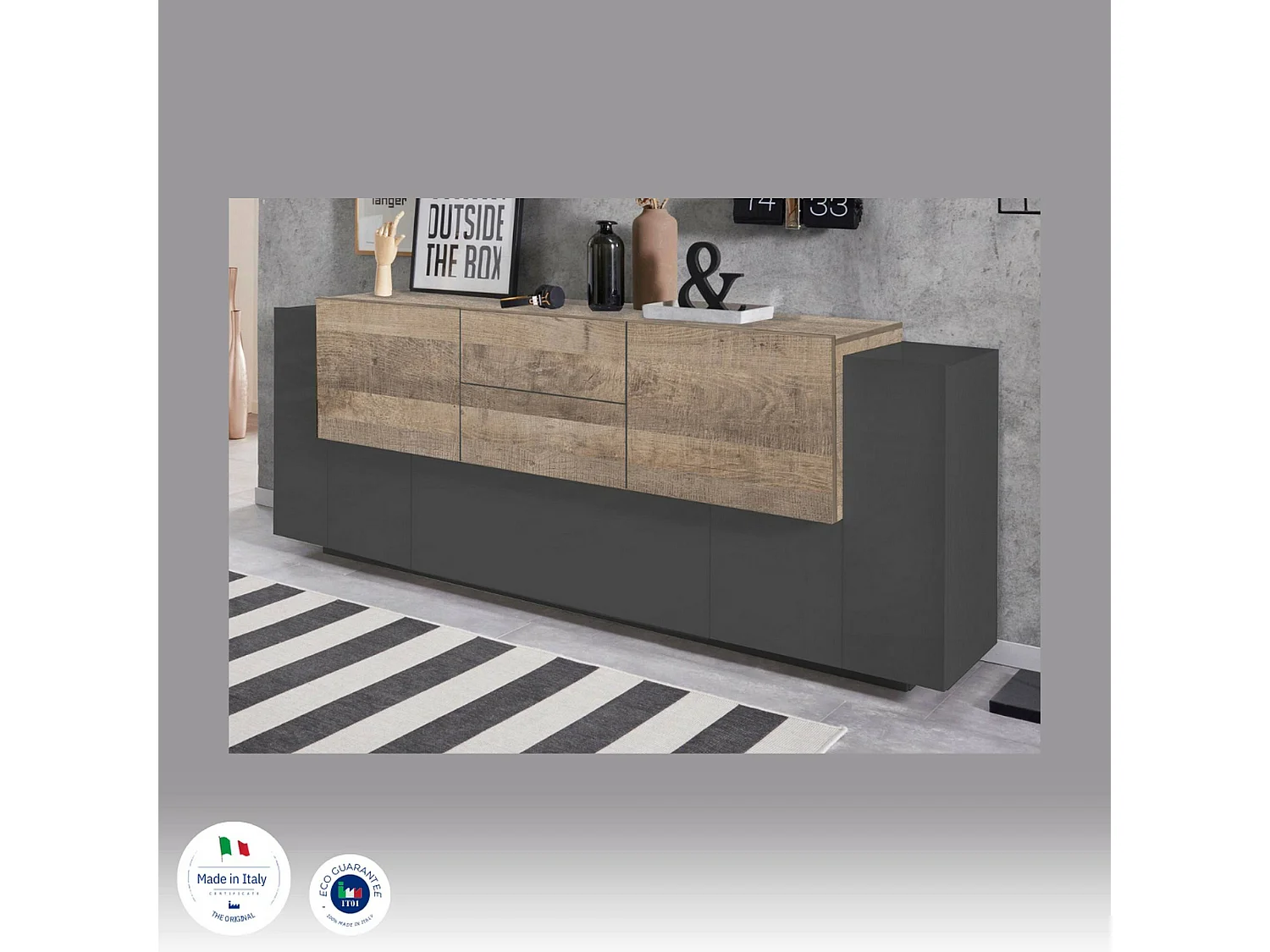 Buffet Dbaian, Buffet de cuisine avec 5 portes et 2 tiroirs, Buffet de salon, Buffet de cuisine, 100% Made in Italy, 220x45h86 cm, Anthracite et Érable