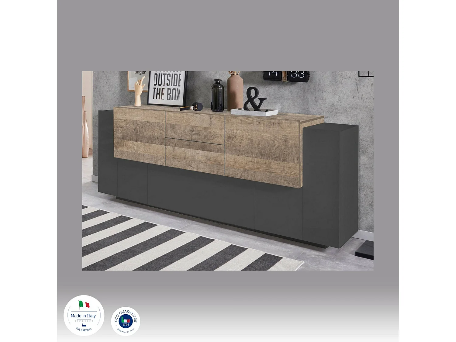 Buffet Dbaian, Buffet de cuisine avec 5 portes et 2 tiroirs, Buffet de salon, Buffet de cuisine, 100% Made in Italy, 220x45h86 cm, Anthracite et Érable