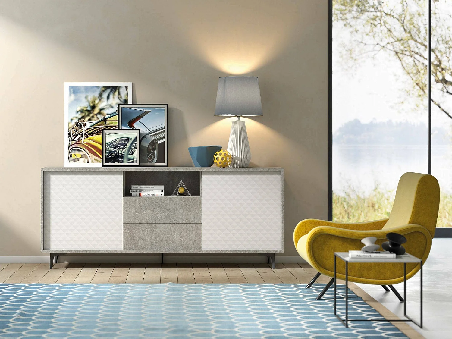 Buffet Ddiges, Buffet avec 2 portes et 2 tiroirs, Buffet de salon élégant, Meuble TV, 100% Made in Italy, 184x45h77 cm, Blanc et Ciment