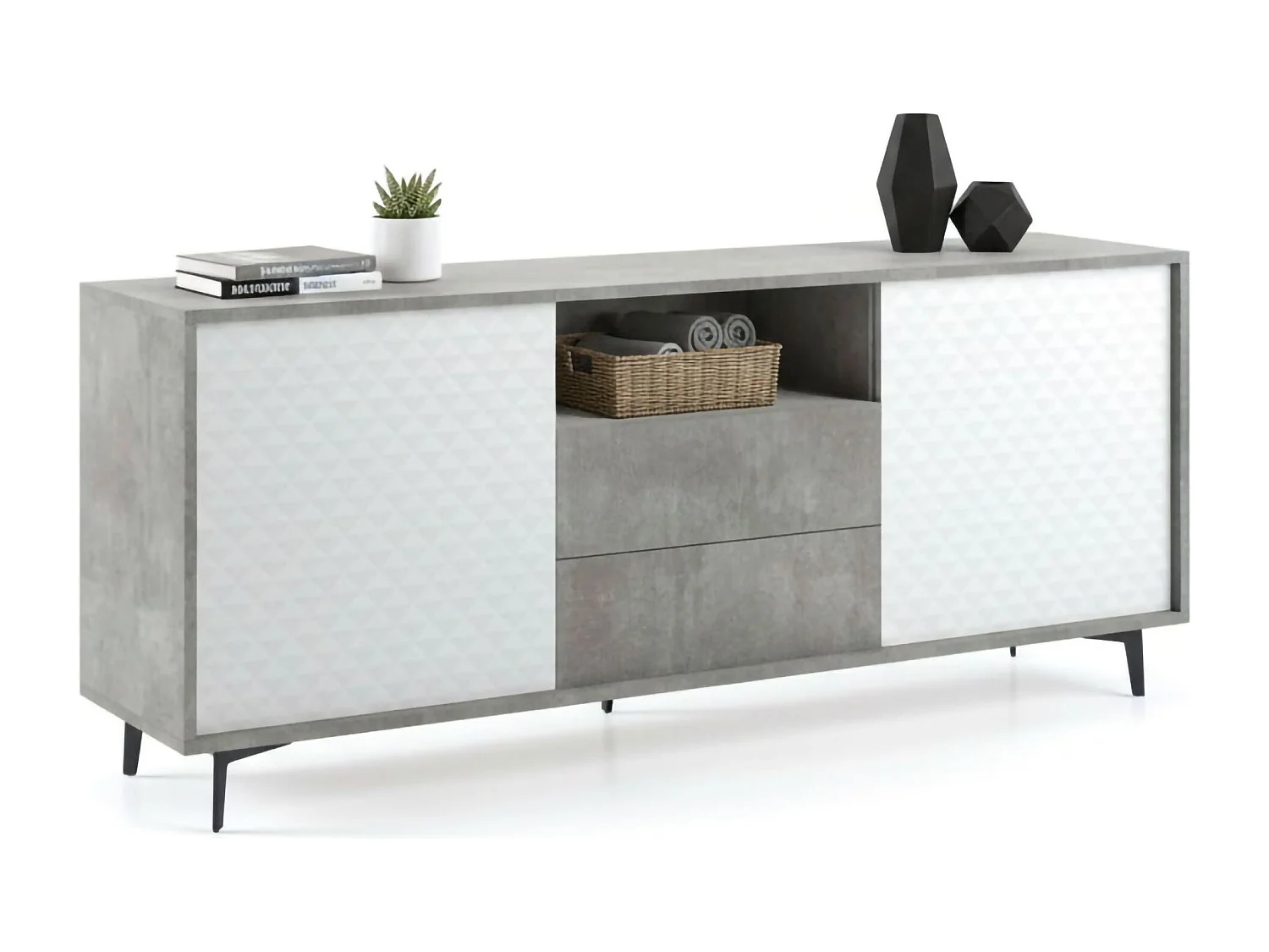Buffet Ddiges, Buffet avec 2 portes et 2 tiroirs, Buffet de salon élégant, Meuble TV, 100% Made in Italy, 184x45h77 cm, Blanc et Ciment