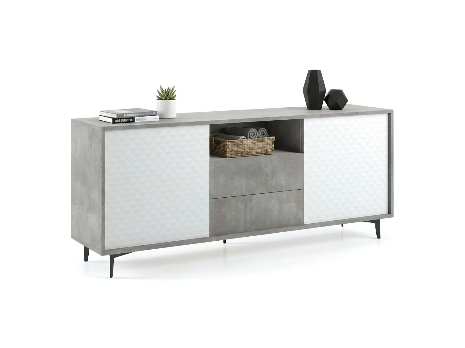 Buffet Ddiges, Buffet avec 2 portes et 2 tiroirs, Buffet de salon élégant, Meuble TV, 100% Made in Italy, 184x45h77 cm, Blanc et Ciment