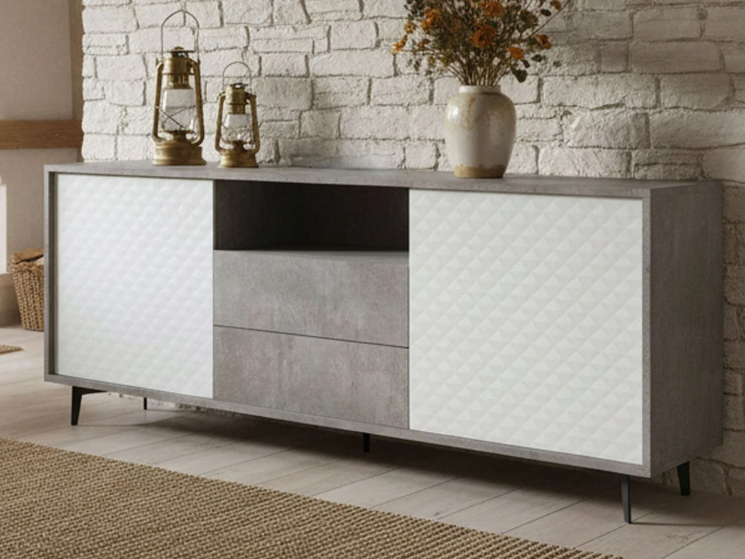 Buffet Ddiges, Buffet avec 2 portes et 2 tiroirs, Buffet de salon élégant, Meuble TV, 100% Made in Italy, 184x45h77 cm, Blanc et Ciment