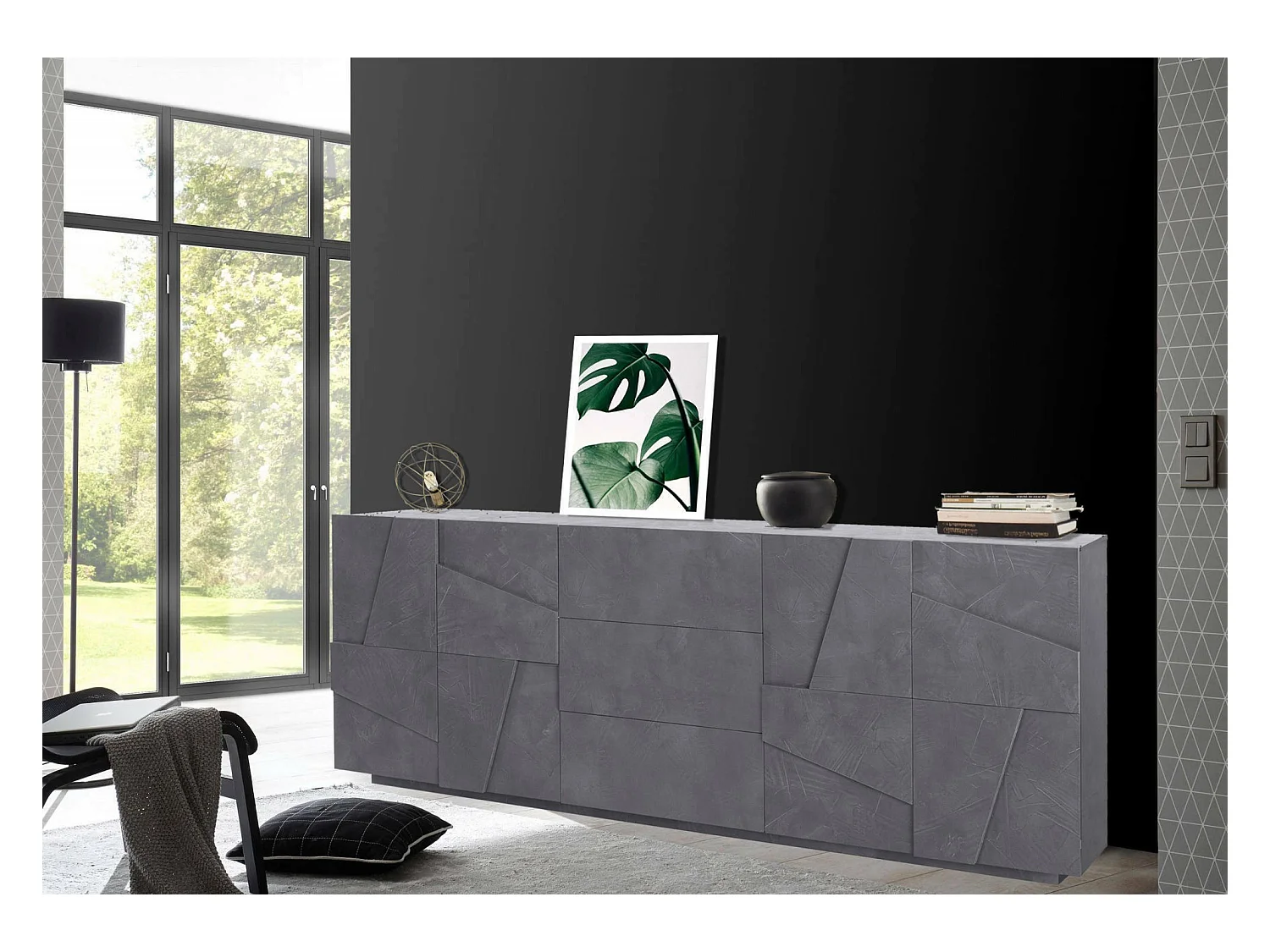 Mason dressoir, Keukendressoir met 4 deuren en 3 laden, Woonkamerbuffet, 100% Made in Italy, 224x44h86 cm, Leisteen
