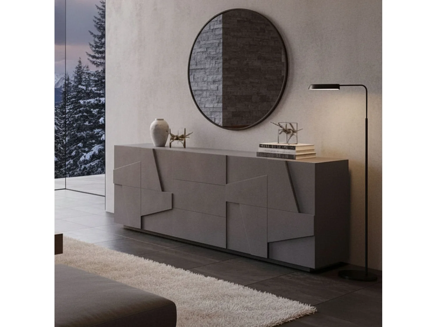 Buffet Mason, Buffet de cuisine avec 4 portes et 3 tiroirs, Buffet de salon, 100% Made in Italy, 224x44h86 cm, Ardoise