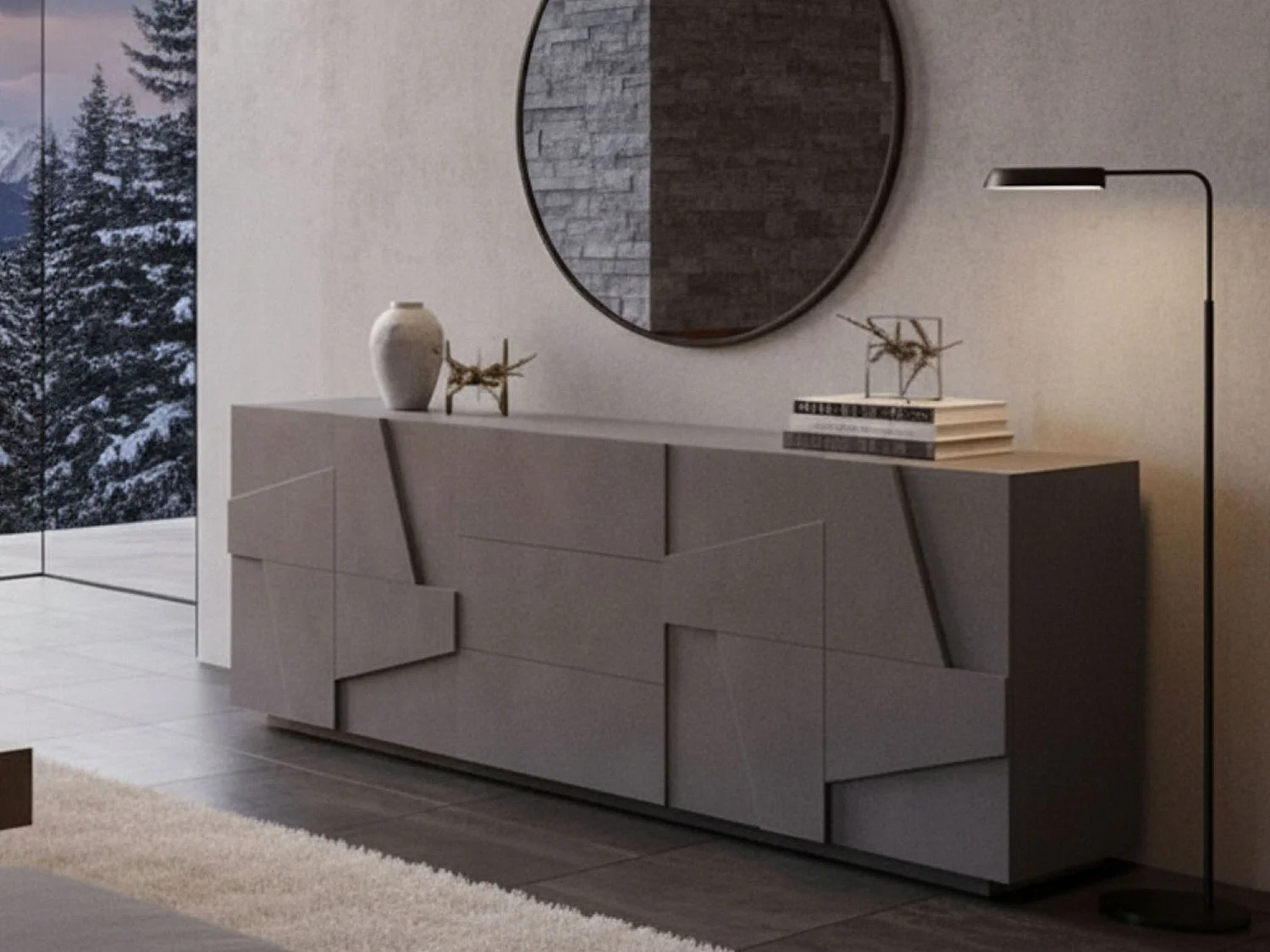 Buffet Mason, Buffet de cuisine avec 4 portes et 3 tiroirs, Buffet de salon, 100% Made in Italy, 224x44h86 cm, Ardoise