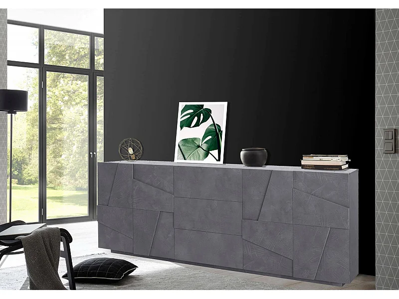 Buffet Mason, Buffet de cuisine avec 4 portes et 3 tiroirs, Buffet de salon, 100% Made in Italy, 224x44h86 cm, Ardoise