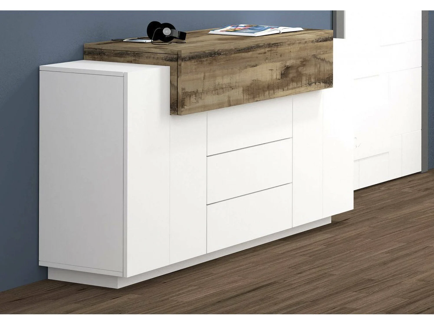 Buffet Dismajl, Buffet de cuisine avec 3 portes et 3 tiroirs, Buffet de salon, 100% Made in Italy, 160x45h86 cm, Blanc brillant et Érable