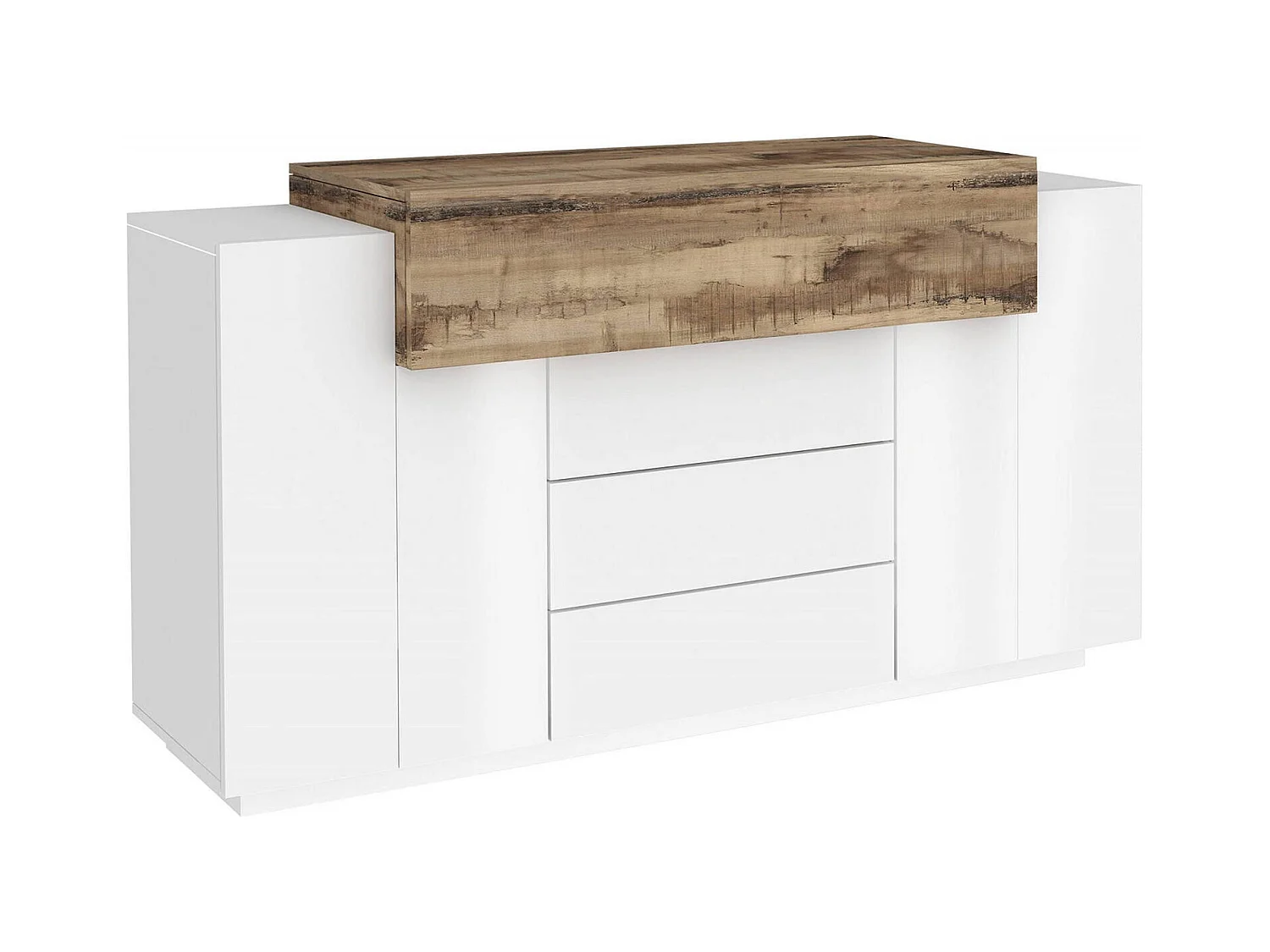 Buffet Dismajl, Buffet de cuisine avec 3 portes et 3 tiroirs, Buffet de salon, 100% Made in Italy, 160x45h86 cm, Blanc brillant et Érable