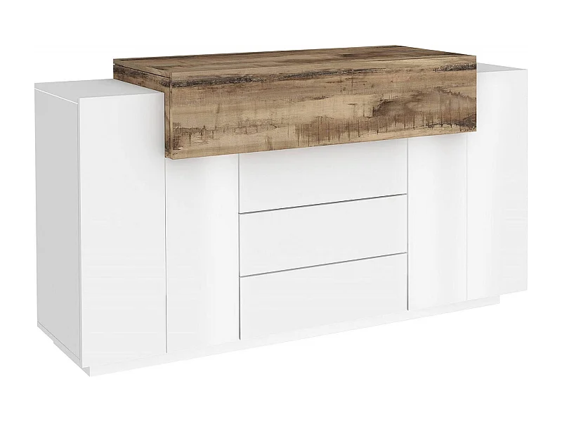Buffet Dismajl, Buffet de cuisine avec 3 portes et 3 tiroirs, Buffet de salon, 100% Made in Italy, 160x45h86 cm, Blanc brillant et Érable