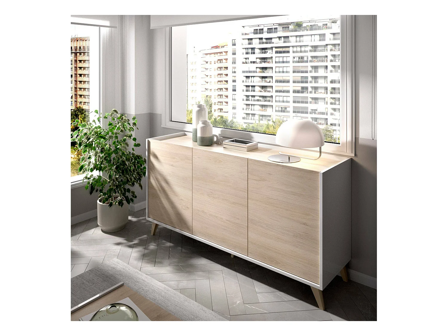 Buffet Avez-vous, Buffet de salon, Buffet de salon moderne avec 3 portes, 155x43h75 cm, Chêne et Blanc