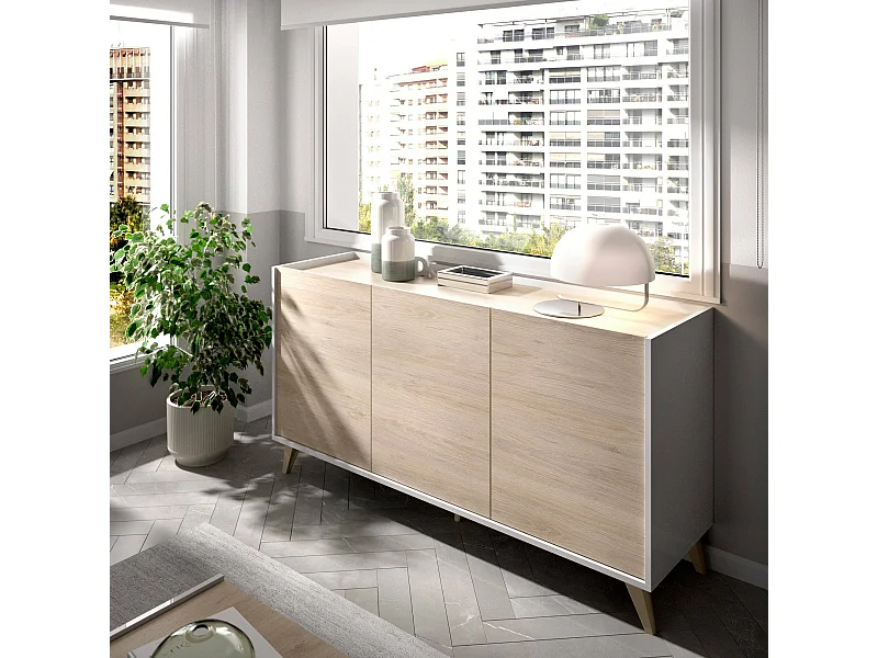 Credenza Avez, Buffet da soggiorno, Madia moderna da salotto a 3 ante, 155x43h75 cm, Rovere e Bianco