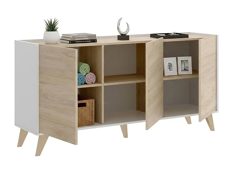 Dmora Dressoir Avez 43x155x75h cm Wit 3 Planken 6 Vakjes, Buffetkast 3 Deuren