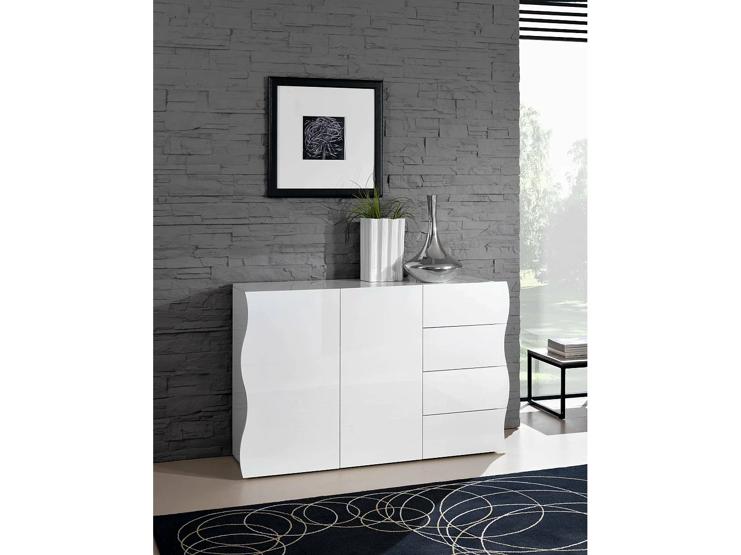 Aparador Dmarasc, Aparador de cocina con 2 puertas y 4 cajones, Buffet de salón, 100% Made in Italy, cm 124x40h81, Blanco brillo