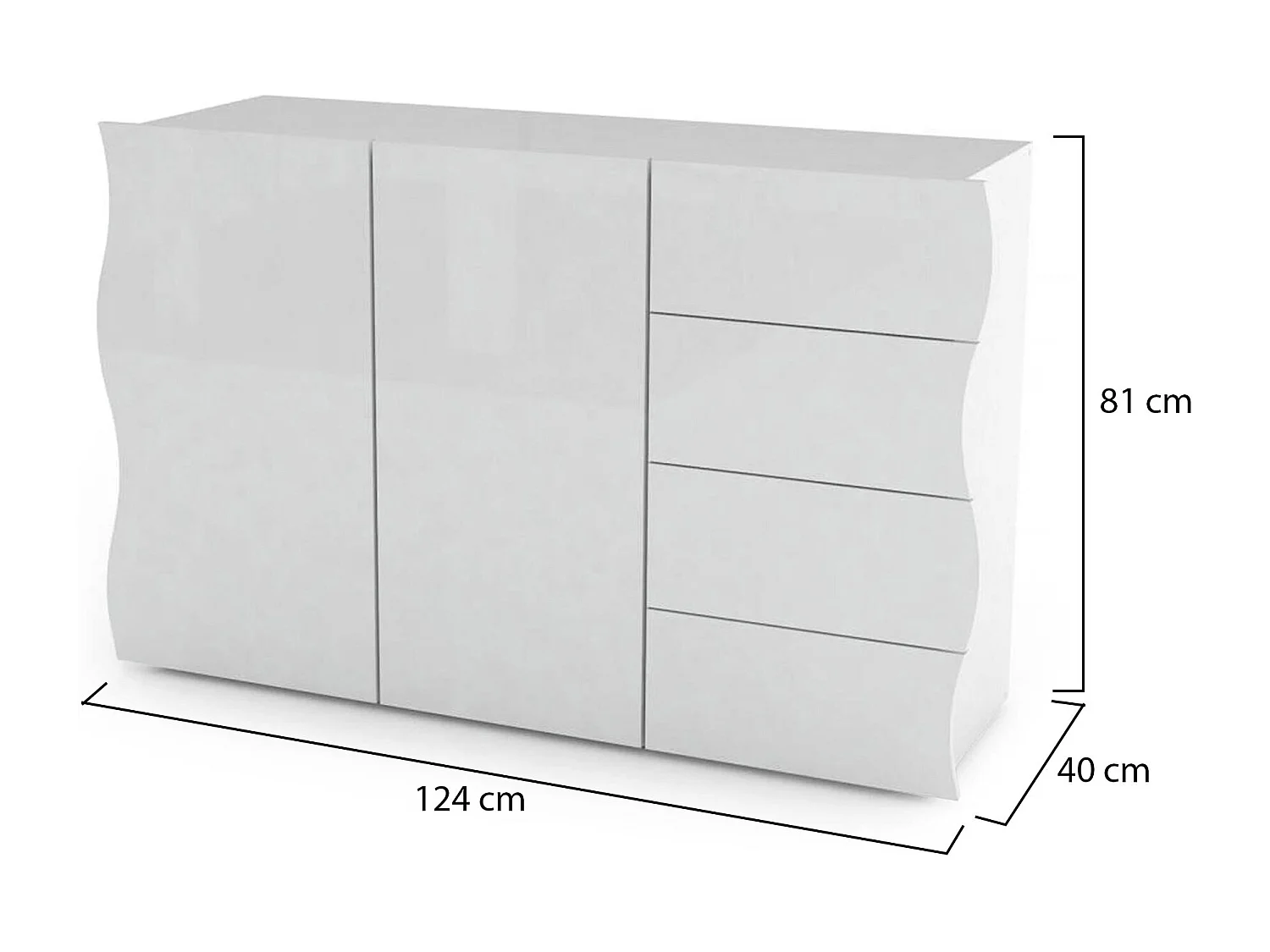 Aparador Dmarasc, Aparador de cozinha com 2 portas e 4 gavetas, Buffet de sala, 100% Fabricado na Itália, 124x40h81 cm, Branco brilhante