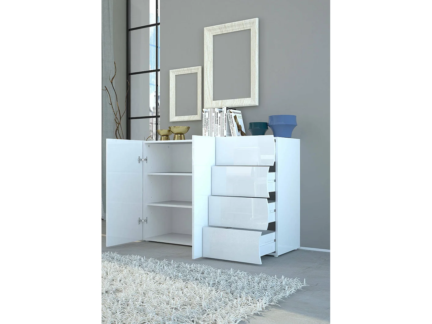 Aparador Dmarasc, Aparador de cozinha com 2 portas e 4 gavetas, Buffet de sala, 100% Fabricado na Itália, 124x40h81 cm, Branco brilhante