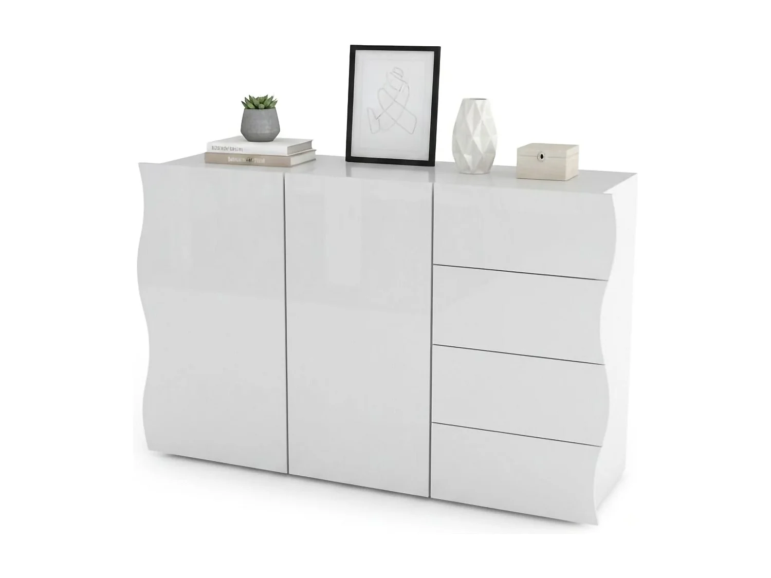 Dmarasc dressoir, Keukendressoir met 2 deuren en 4 laden, Woonkamerbuffet, 100% Made in Italy, 124x40h81 cm, Glanzend wit