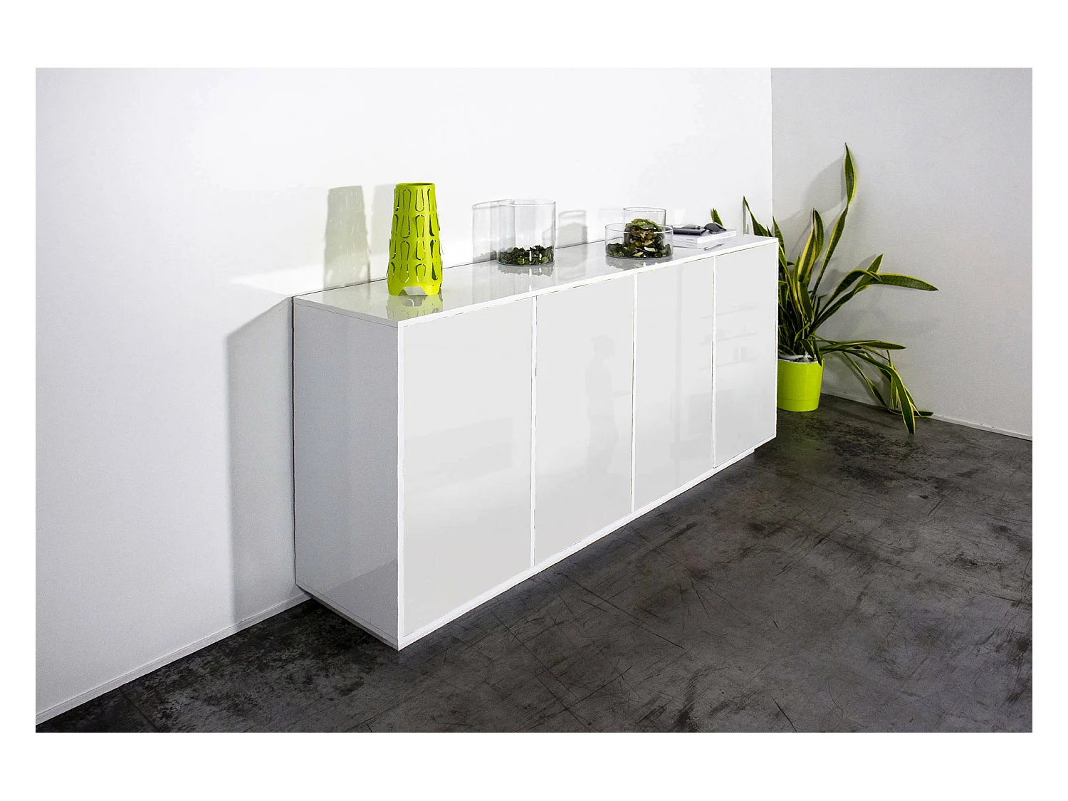 Buffet Virgilio, Buffet de cuisine 4 portes, Buffet de salon, 100% Made in Italy, 180x41h86 cm, Blanc brillant