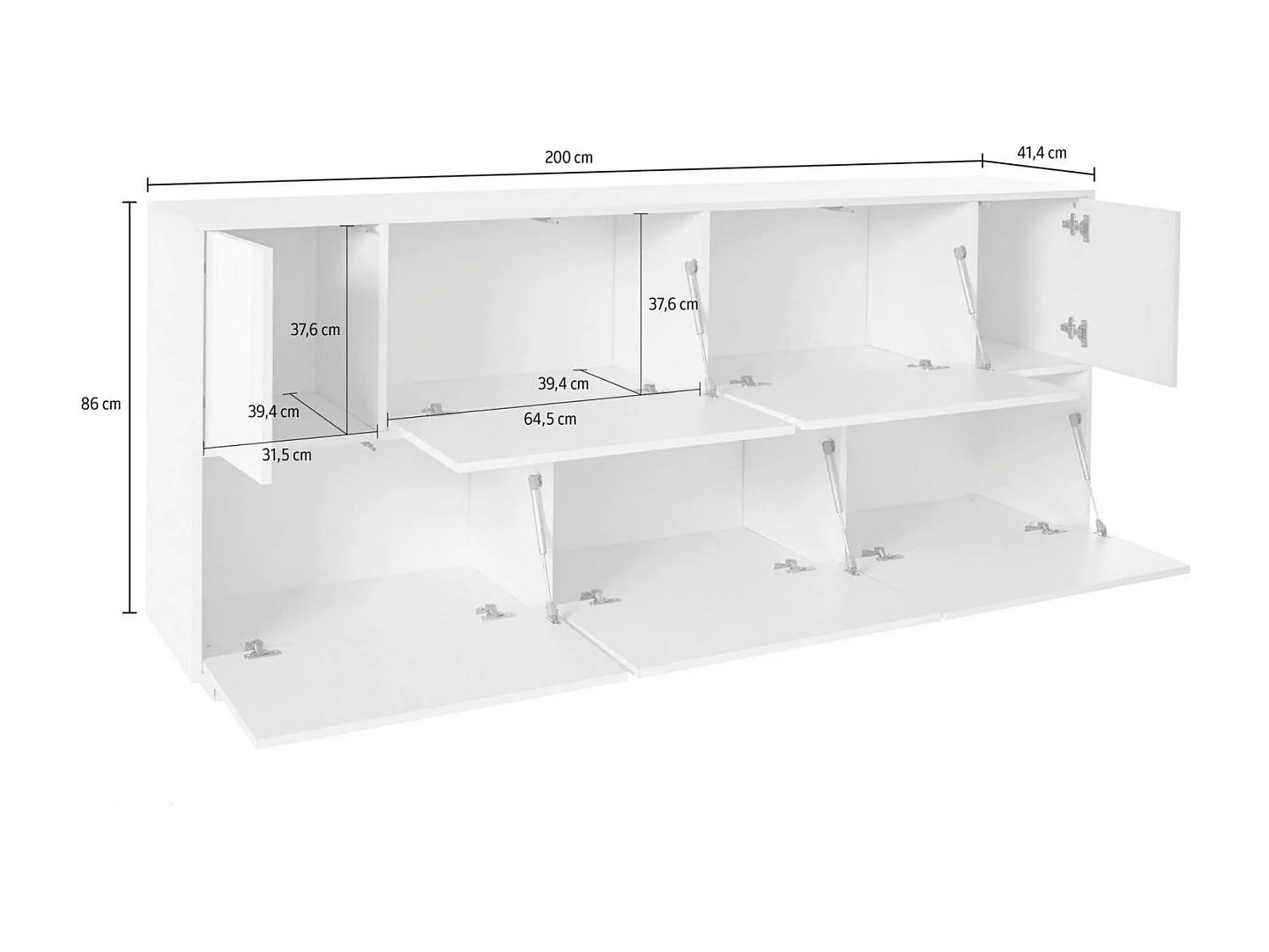 Dnapp dressoir, 7-deurs keukendressoir, Woonkamerbuffet, 100% Made in Italy, 200x41h86 cm, Glanzend wit en walnoot
