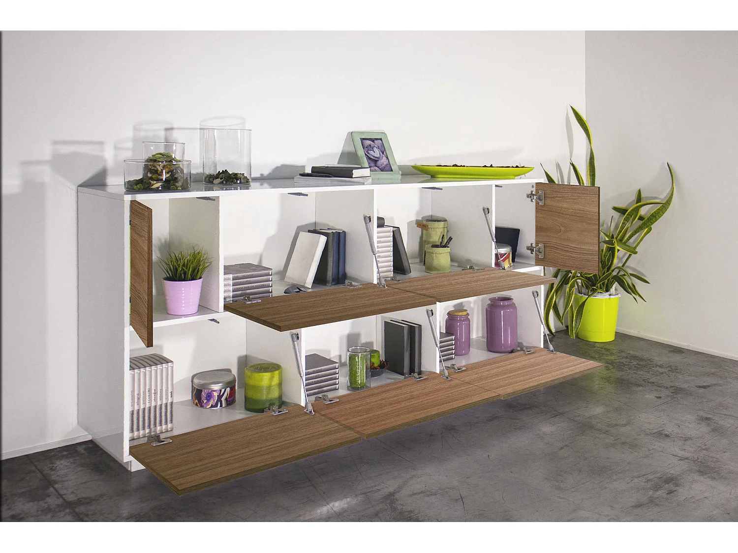 Dnapp dressoir, 7-deurs keukendressoir, Woonkamerbuffet, 100% Made in Italy, 200x41h86 cm, Glanzend wit en walnoot