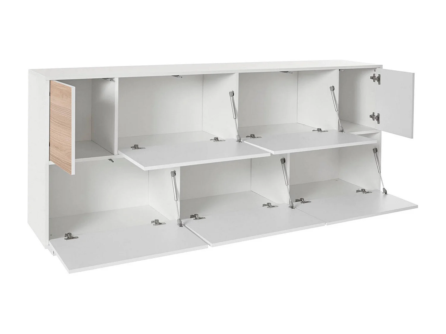 Dnapp dressoir, 7-deurs keukendressoir, Woonkamerbuffet, 100% Made in Italy, 200x41h86 cm, Glanzend wit en walnoot
