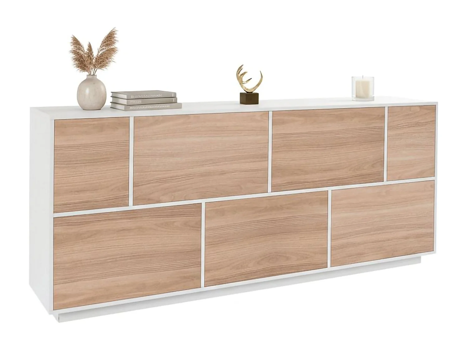 Dnapp dressoir, 7-deurs keukendressoir, Woonkamerbuffet, 100% Made in Italy, 200x41h86 cm, Glanzend wit en walnoot