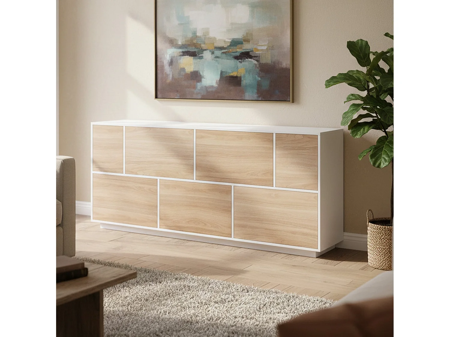 Aparador Virginio, aparador de cozinha 7 portas, Buffet de sala, 100% Fabricado na Itália, 200x41h86 cm, Branco brilhante e nogueira