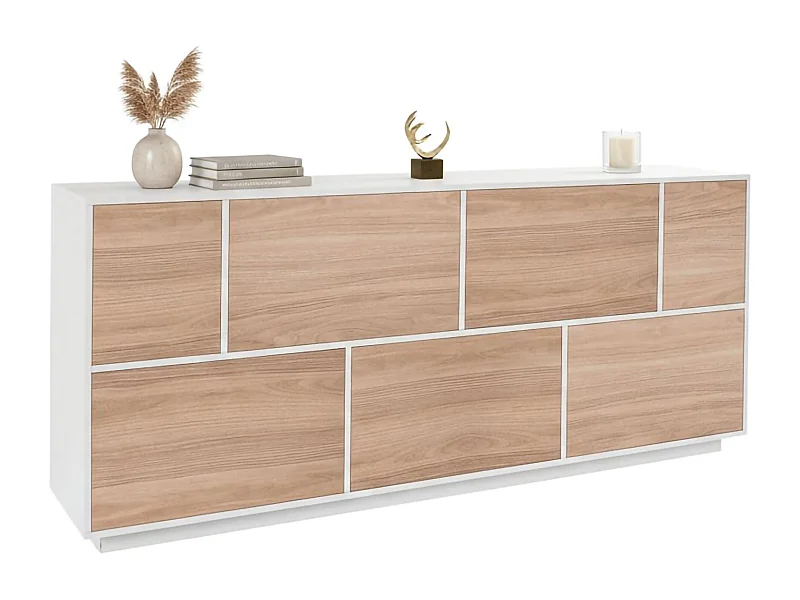 Aparador Virginio, Aparador de cocina con 7 puertas, Buffet de salón, 100% Made in Italy, cm 200x41h86, Blanco brillo y Nogal