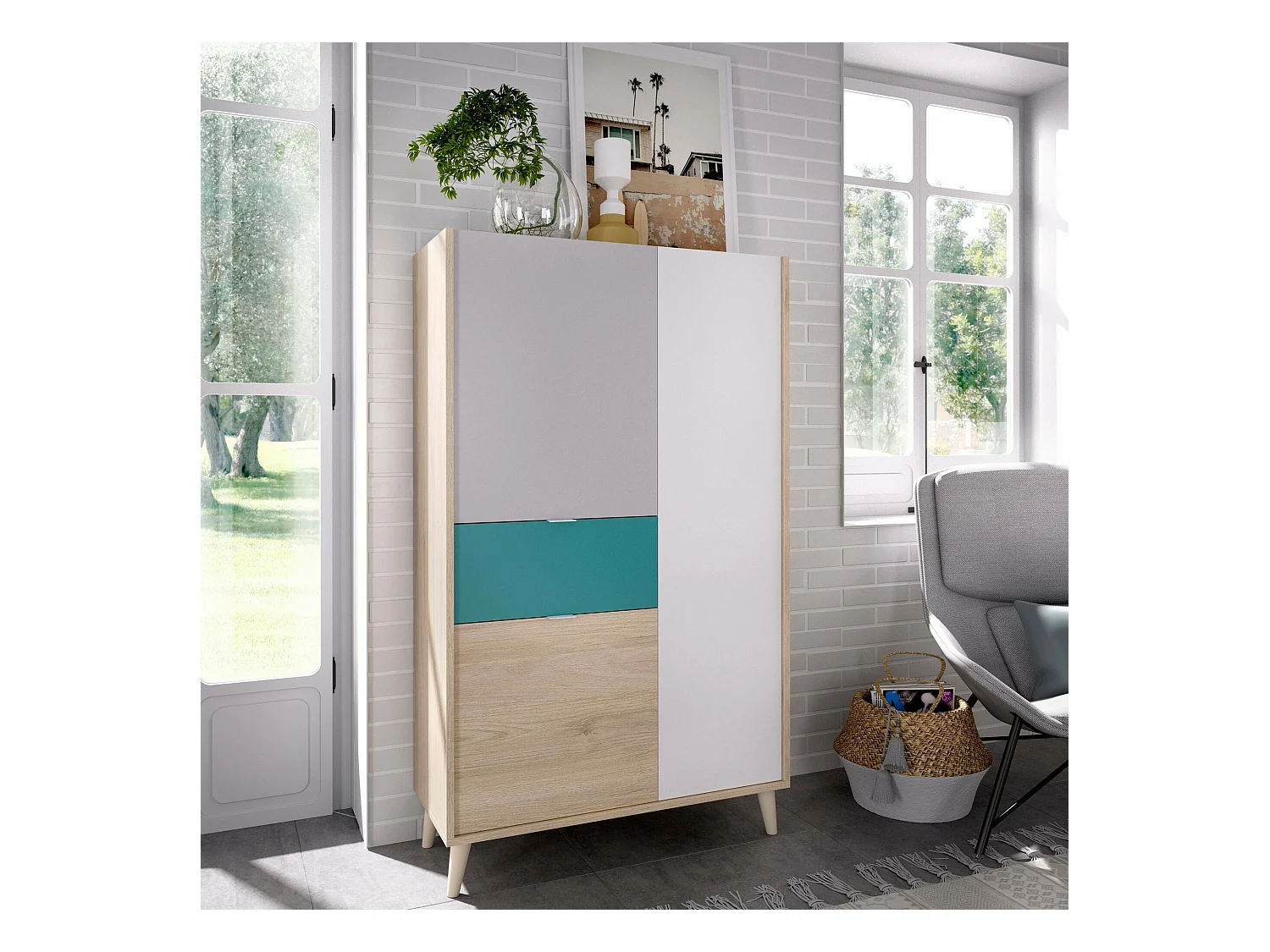 Buffet Duan, Buffet garde-manger de salon, Buffet de salon moderne avec 3 portes, 81x43h137 cm, Blanc et Chêne