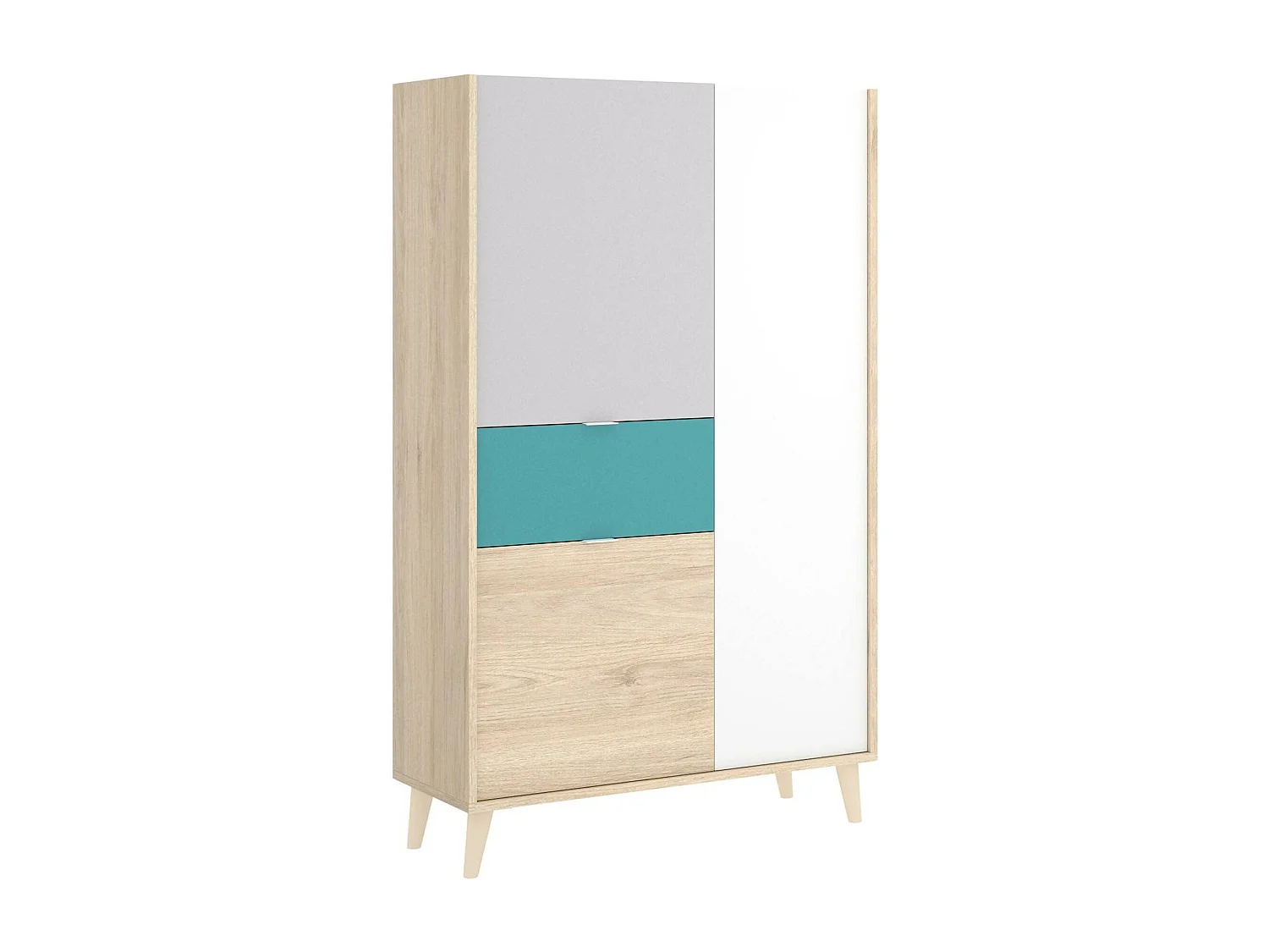 Duan dressoir, Woonkamerkastbuffet, Modern woonkamerdressoir met 3 deuren, 81x43h137 cm, Wit en Eiken